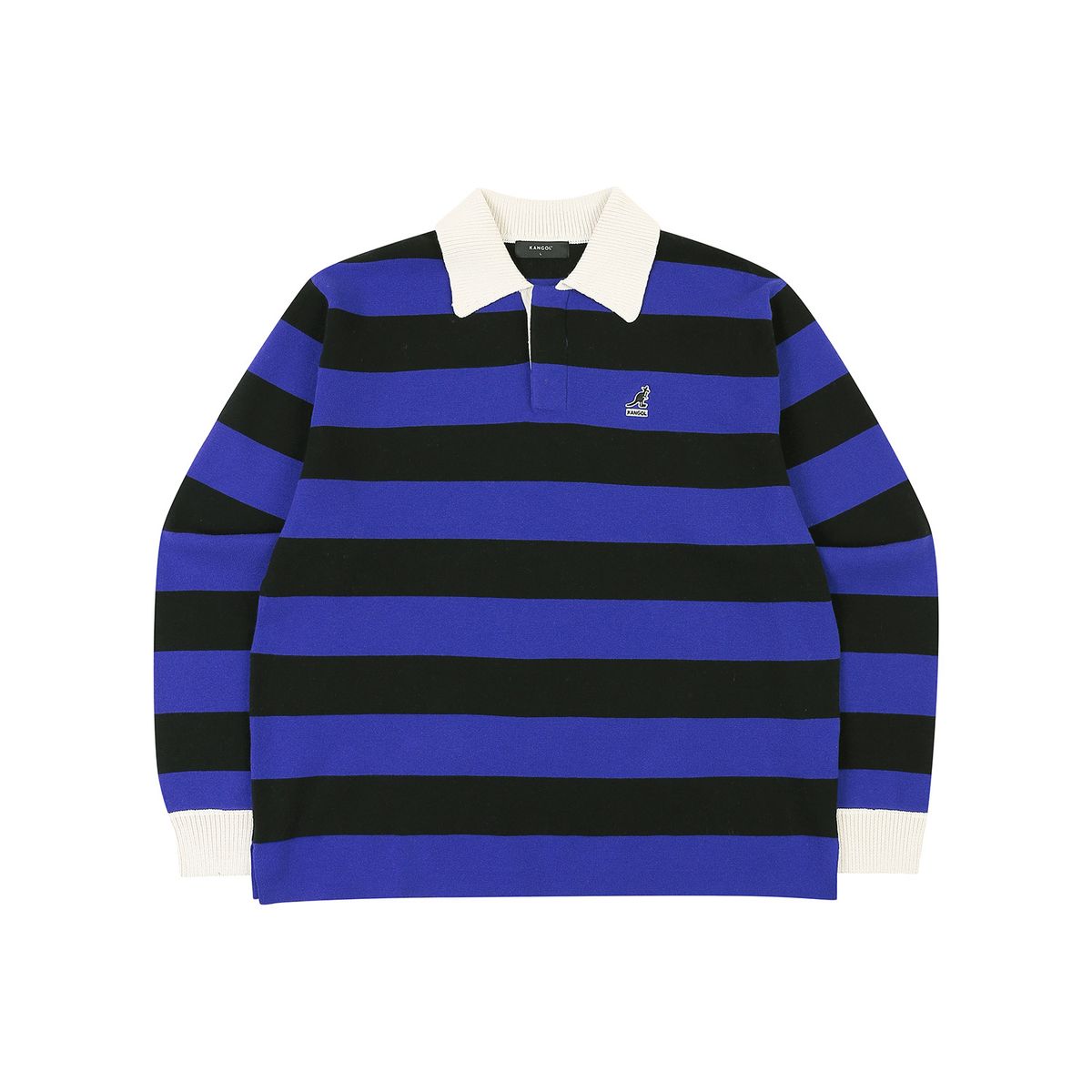 캉골(KANGOL) 스트라이프 오픈 칼라 니트 1881 블루