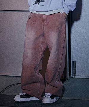 Banding One Tuck Wide Denim Pants - Pink