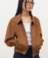 Vegan Leather Suede Crop Bomber in Camel