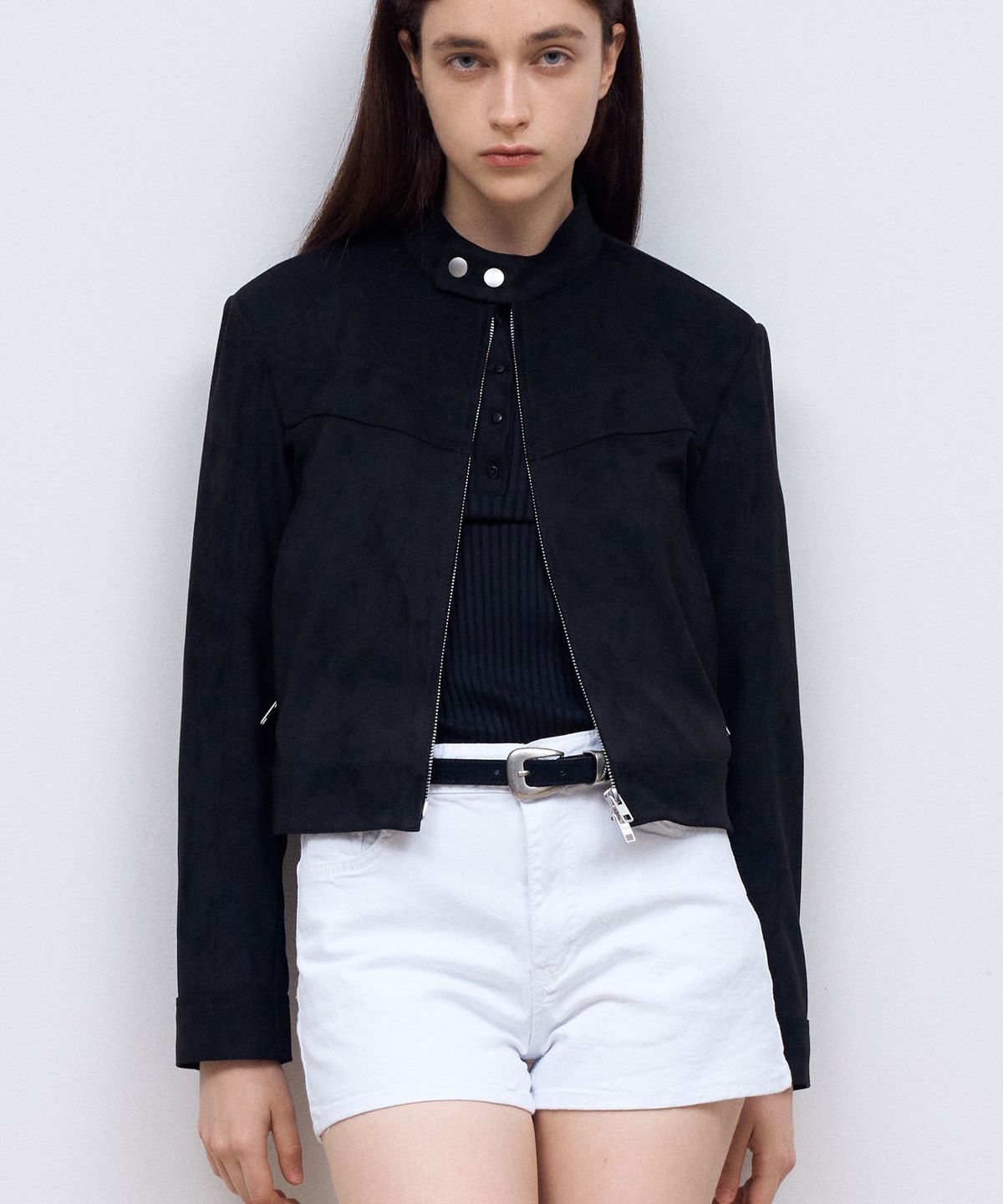 도프셉(DOFFSEPT) Vegan Leather Suede Racer Jacket in Black