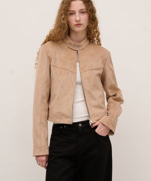 Vegan Leather Suede Racer Jacket in Beige