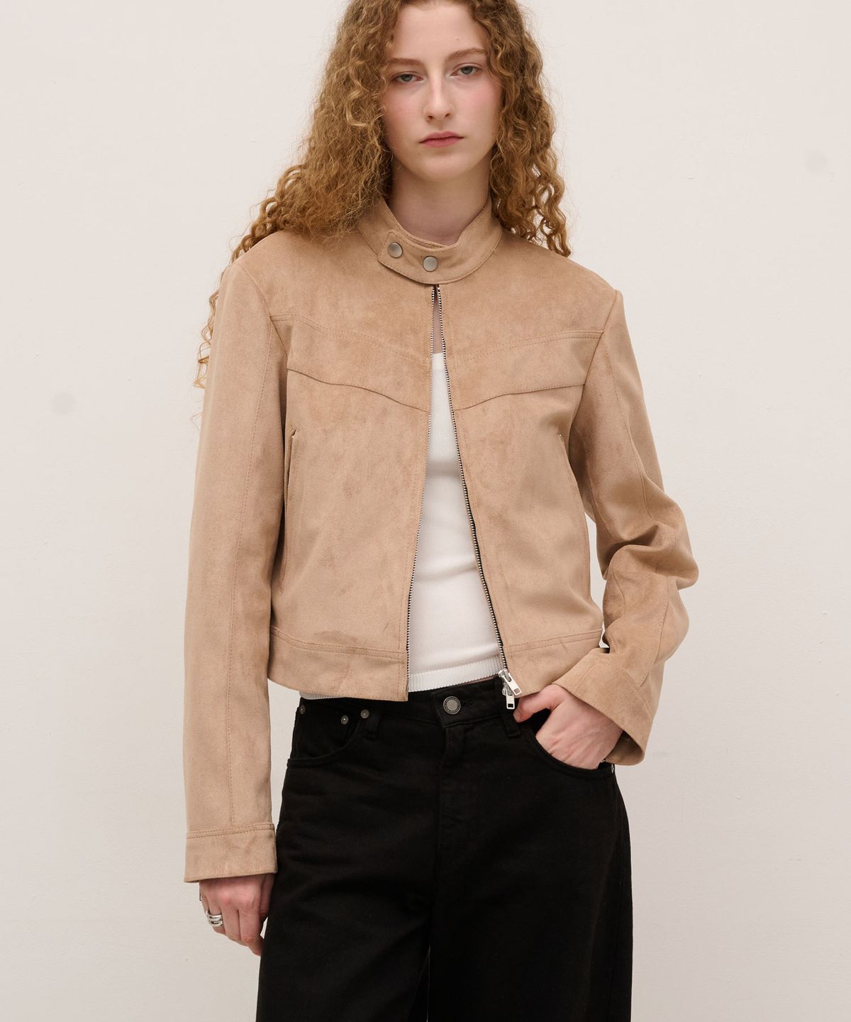 도프셉(DOFFSEPT) Vegan Leather Suede Racer Jacket in Beige