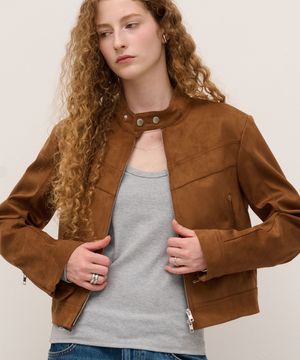 Vegan Leather Suede Racer Jacket in Camel