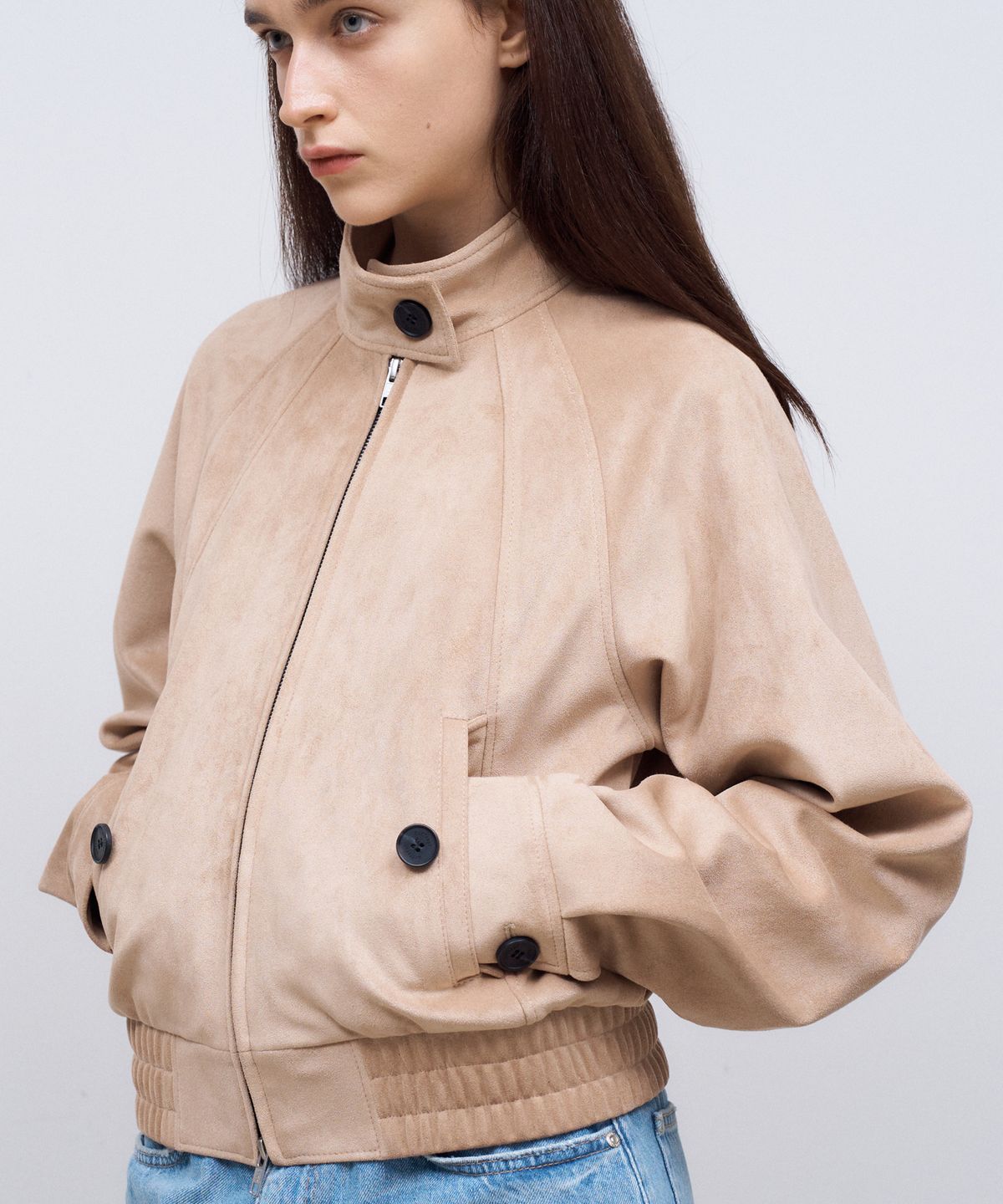 도프셉(DOFFSEPT) Vegan Leather Suede Harrington Jacket in Beige