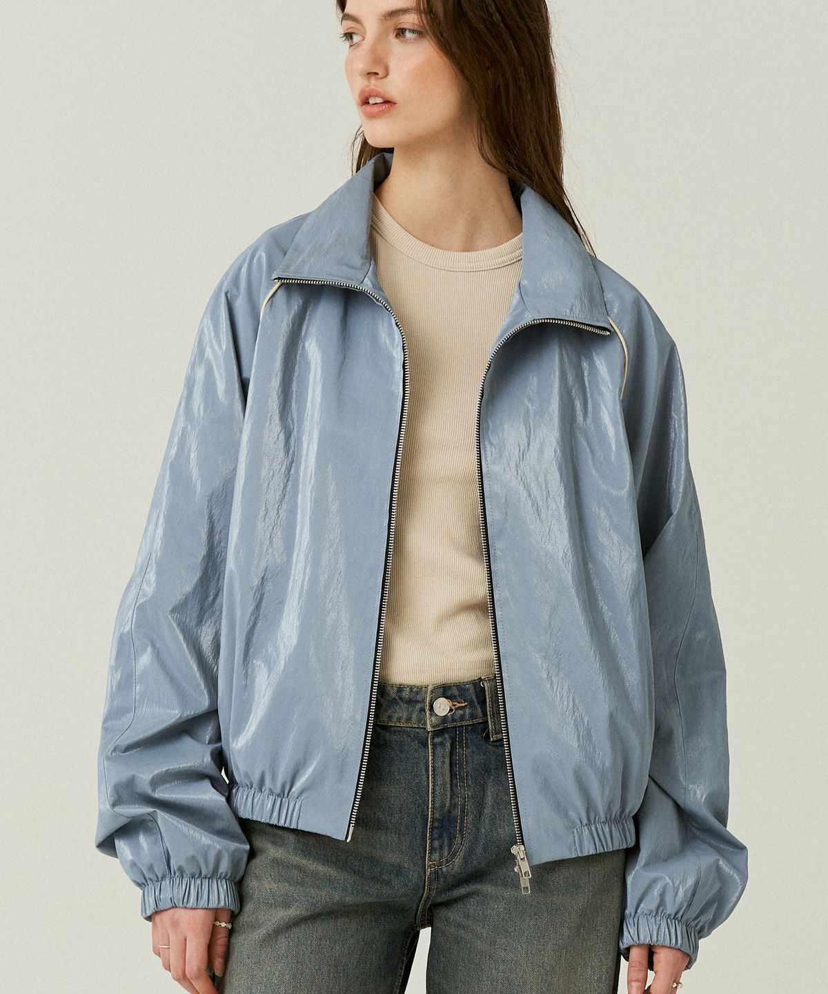 도프셉(DOFFSEPT) Vegan Leather Windbreaker in Light Blue