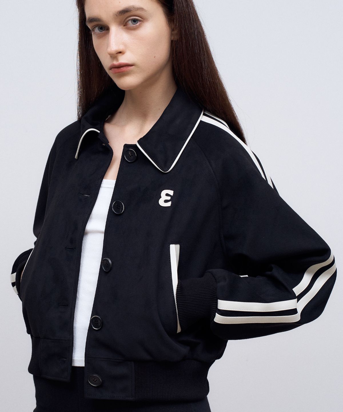 도프셉(DOFFSEPT) Vegan Leather Suede Varsity Jacket in Black
