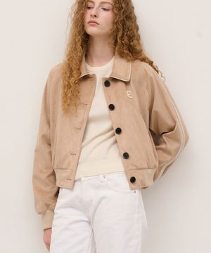 Vegan Leather Suede Varsity Jacket in Beige