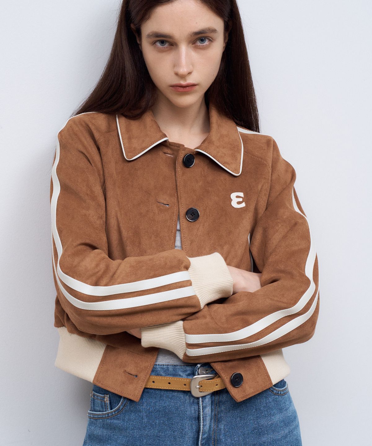 도프셉(DOFFSEPT) Vegan Leather Suede Varsity Jacket in Camel