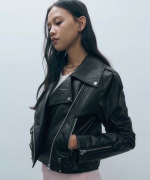 데님 믹스 페이크 레더 자켓 블랙 MDJK027BLACK