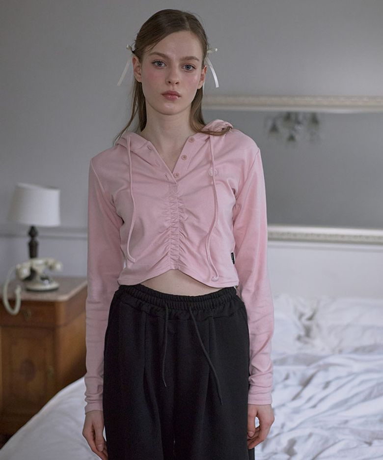 Shirring Hood Crop Long sleeve [Pink]