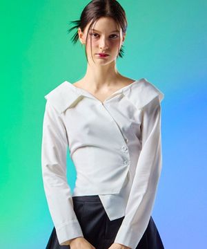 WOMEN 미디 크롭 랩 오프숄더 슬림 긴팔 셔츠 [WHITE] 긴팔티 ver.