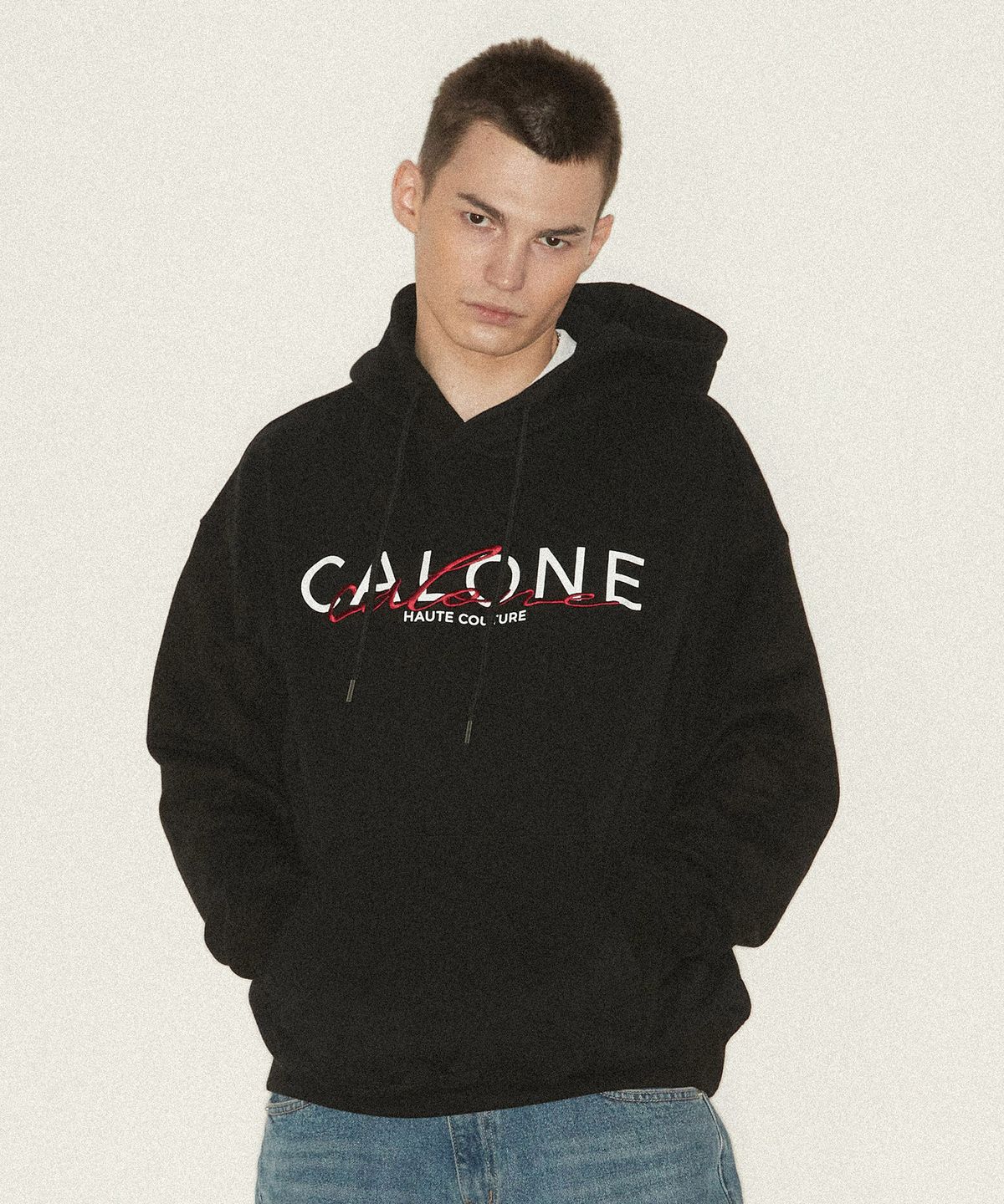 칼론(CALONE) 시그니처 오버사이즈 후드 티셔츠 블랙