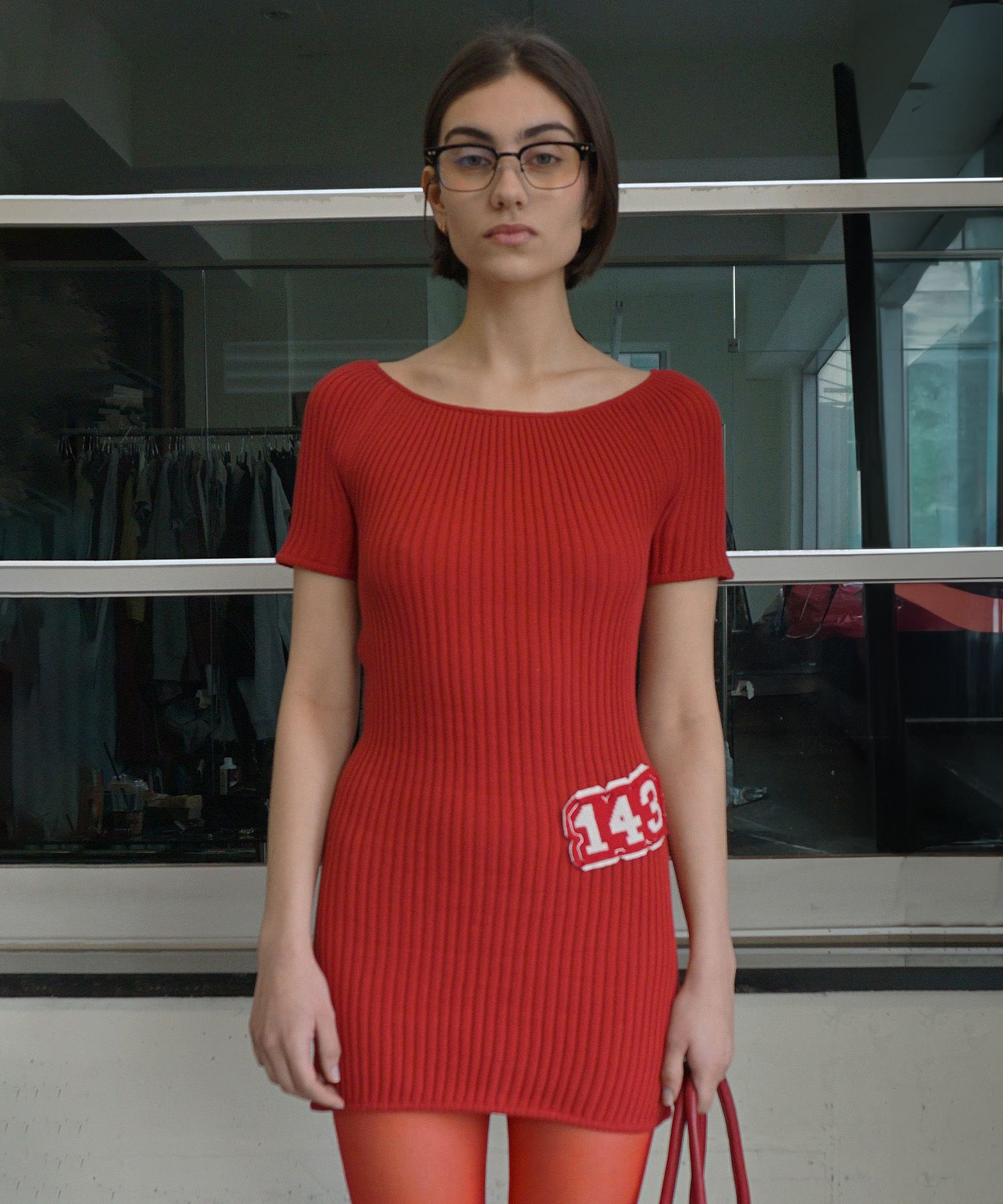 MUSINSA | SCULPTOR Pleated Knit Mini Dress Red