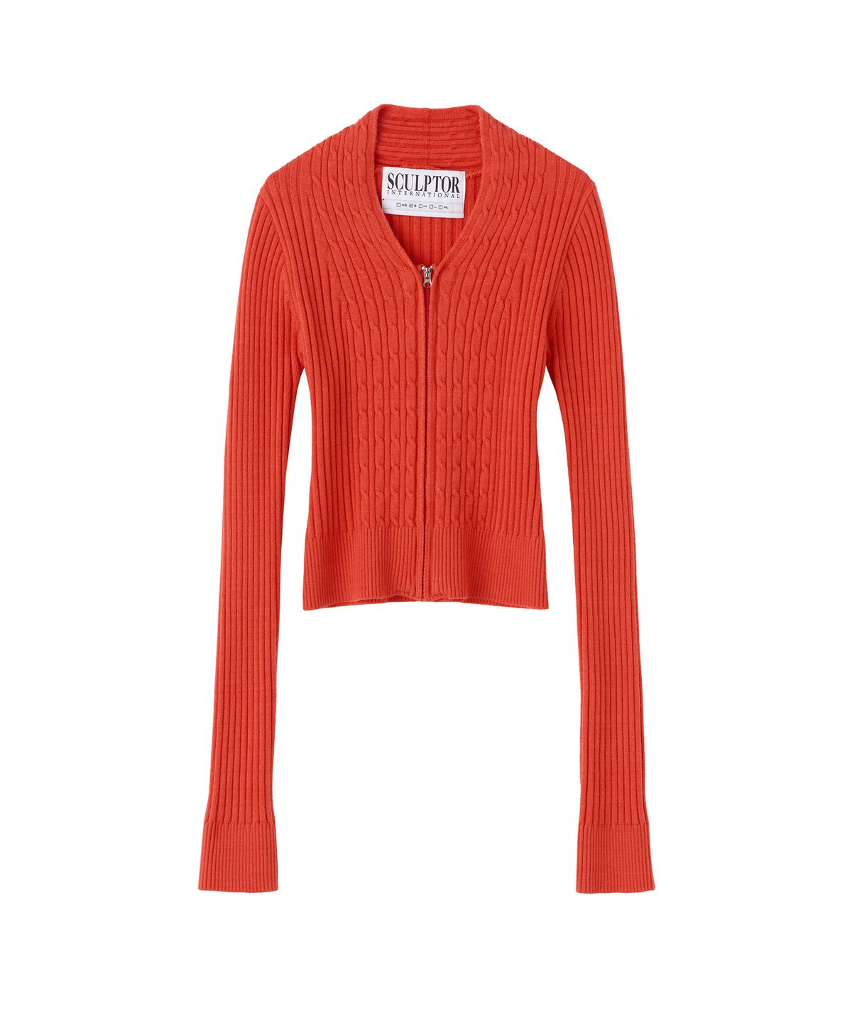 스컬프터(SCULPTOR) Cable Collar Knit Zip-Up Coral