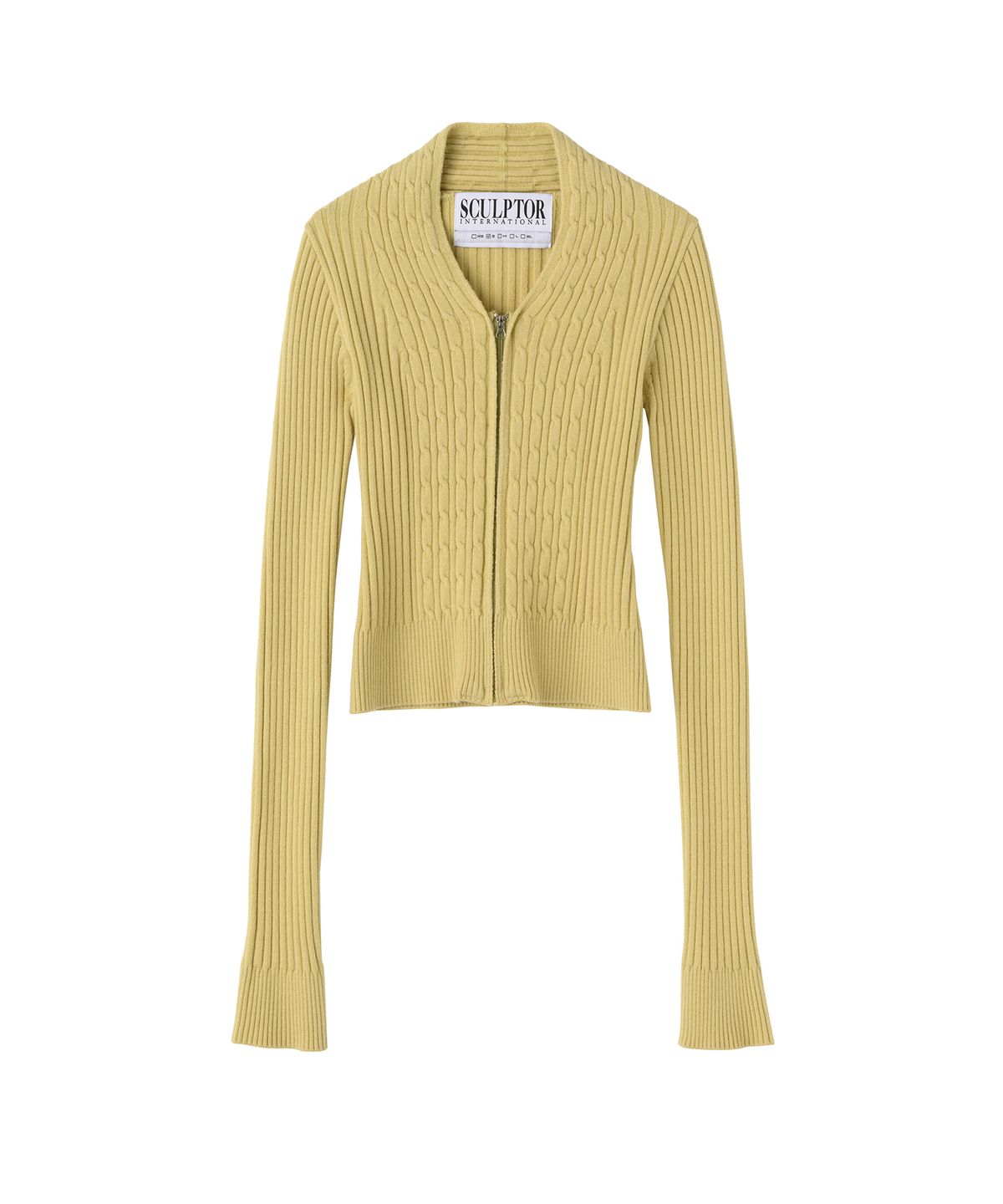 스컬프터(SCULPTOR) Cable Collar Knit Zip-Up Dusty Lemon