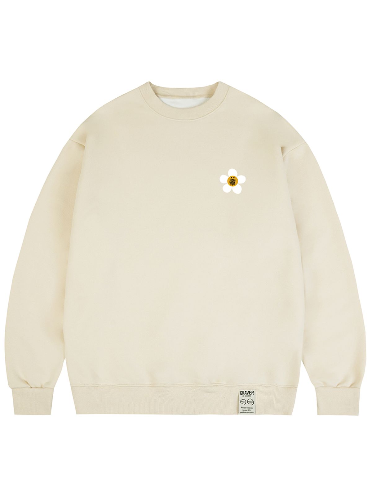 그레이버(GRAVER) [UNISEX]TYL 화이트 플라워 스마일 로고 맨투맨_크림