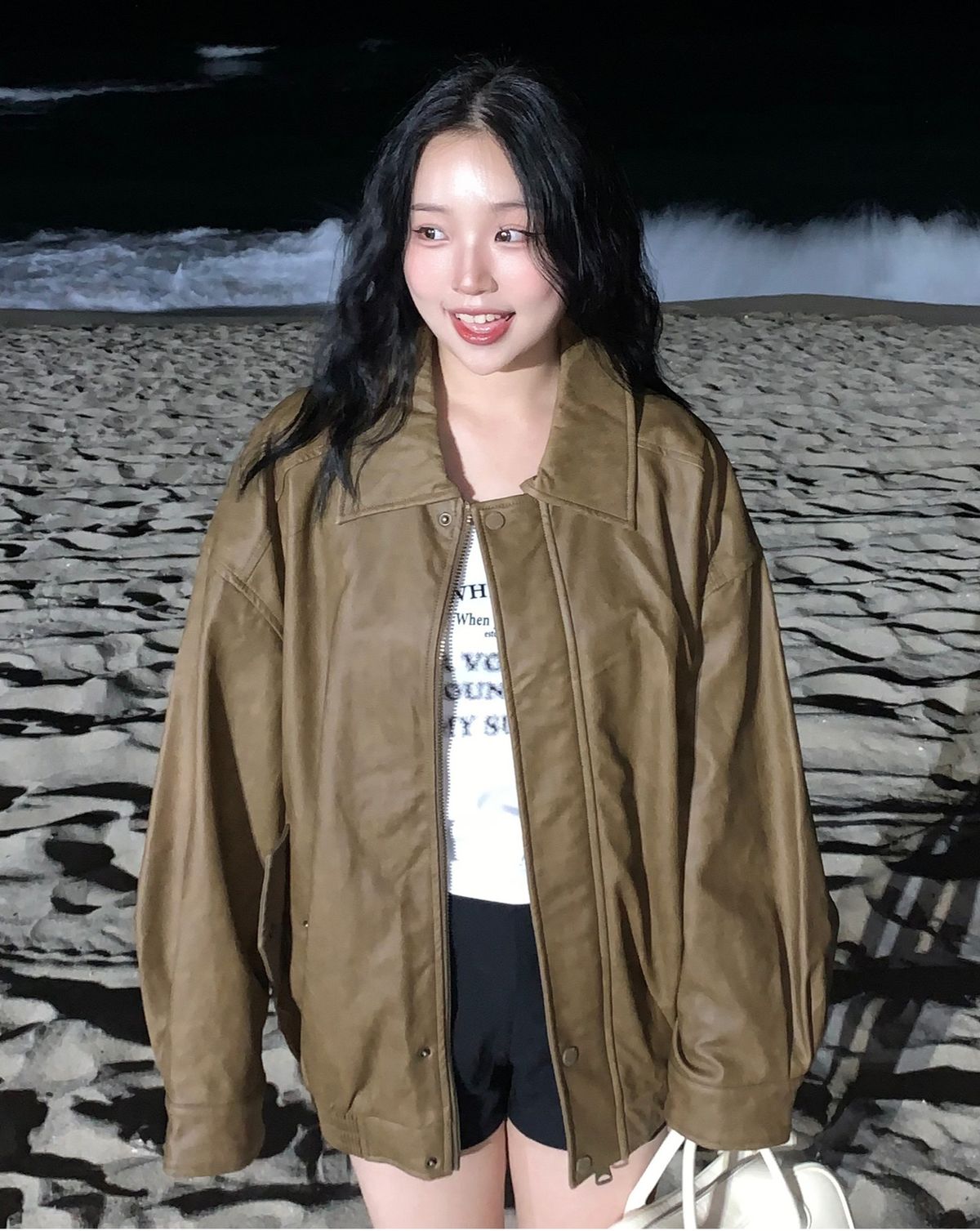 레이디 볼륨(LADY VOLUME) 465-1 WASHING LEATHER SIGNATURE JUMPER_CAMEL