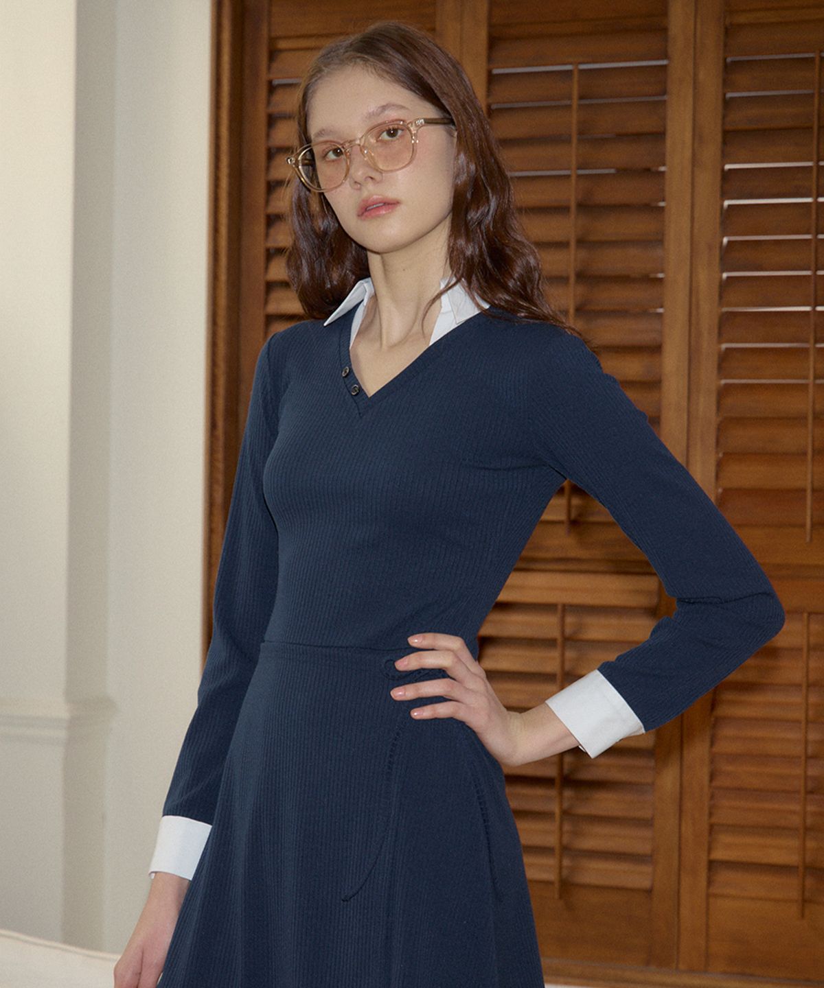 살롱 드 욘(SALON DE YOHN) Shirt Detail Jersey Dress_ Navy