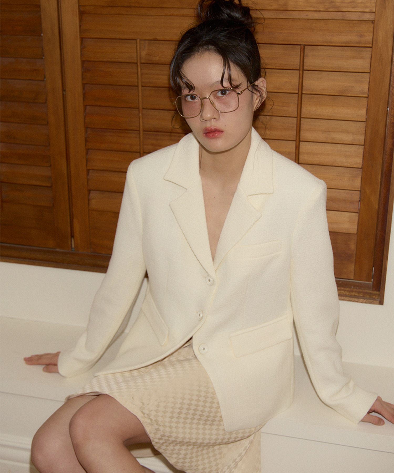 SALON DE YOHN☆Short Sleeve Tweed Jacket_3colors Twill Boxy Cropped Jacket in Cream - Usolo Outfitters