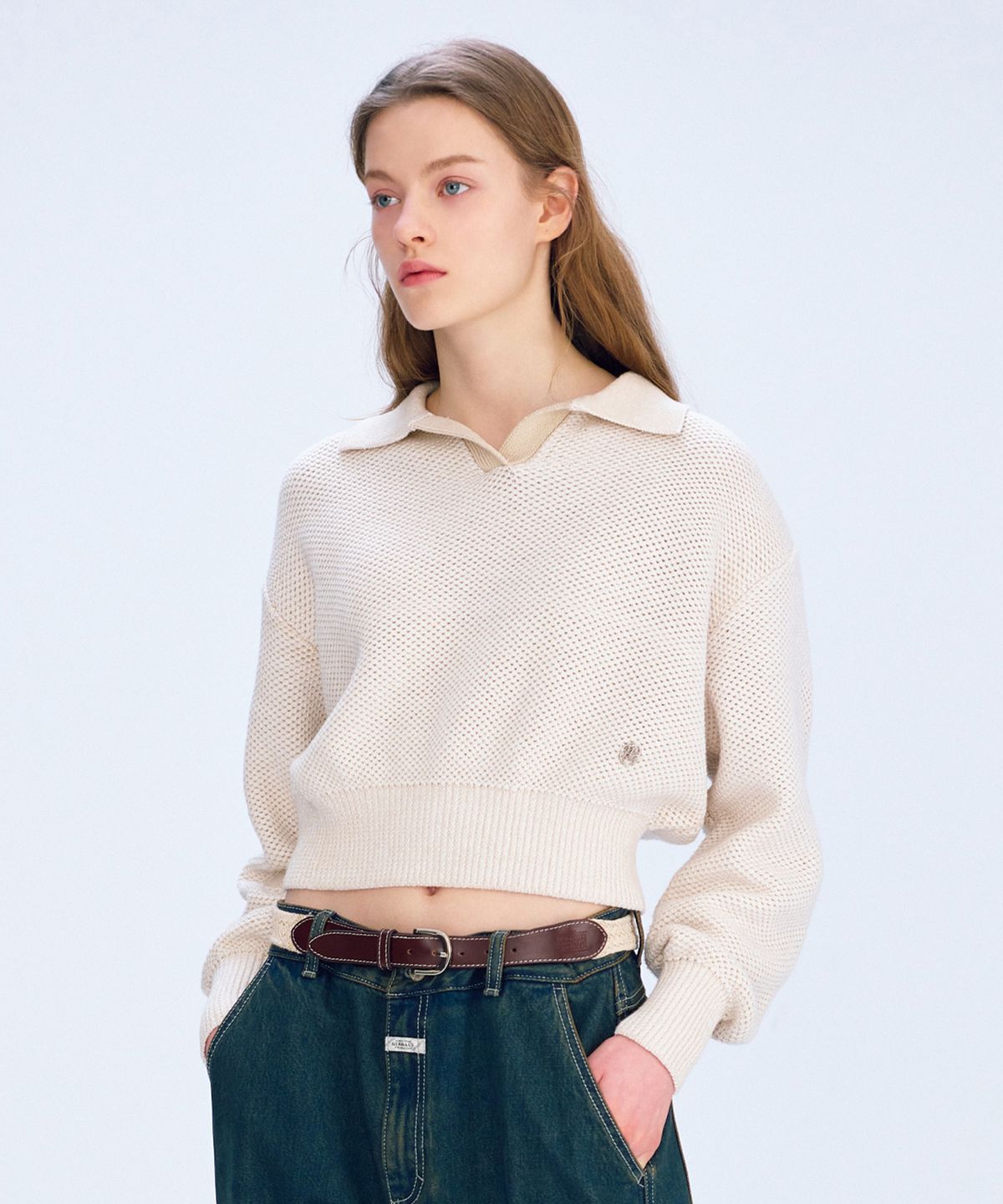 마리떼 프랑소와 저버(MARITHÉ + FRANҪOIS GIRBAUD) W COTTON BLENDED OPEN COLLAR CROP KNIT light beige