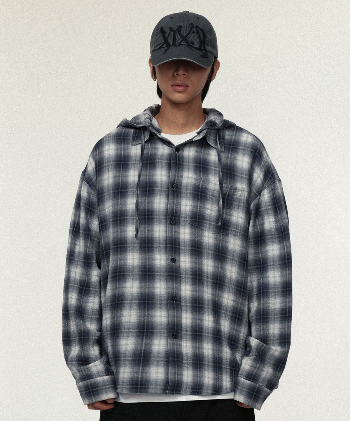 아이돈워너셀(IDWS) Hooded Checkered Shirt Blue