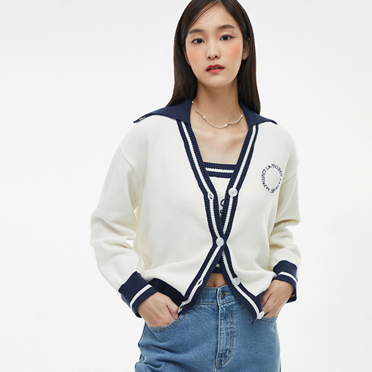 랩(LAP) (SET-아우터) 단배색 카라형 니트 가디건 AQ1KG160