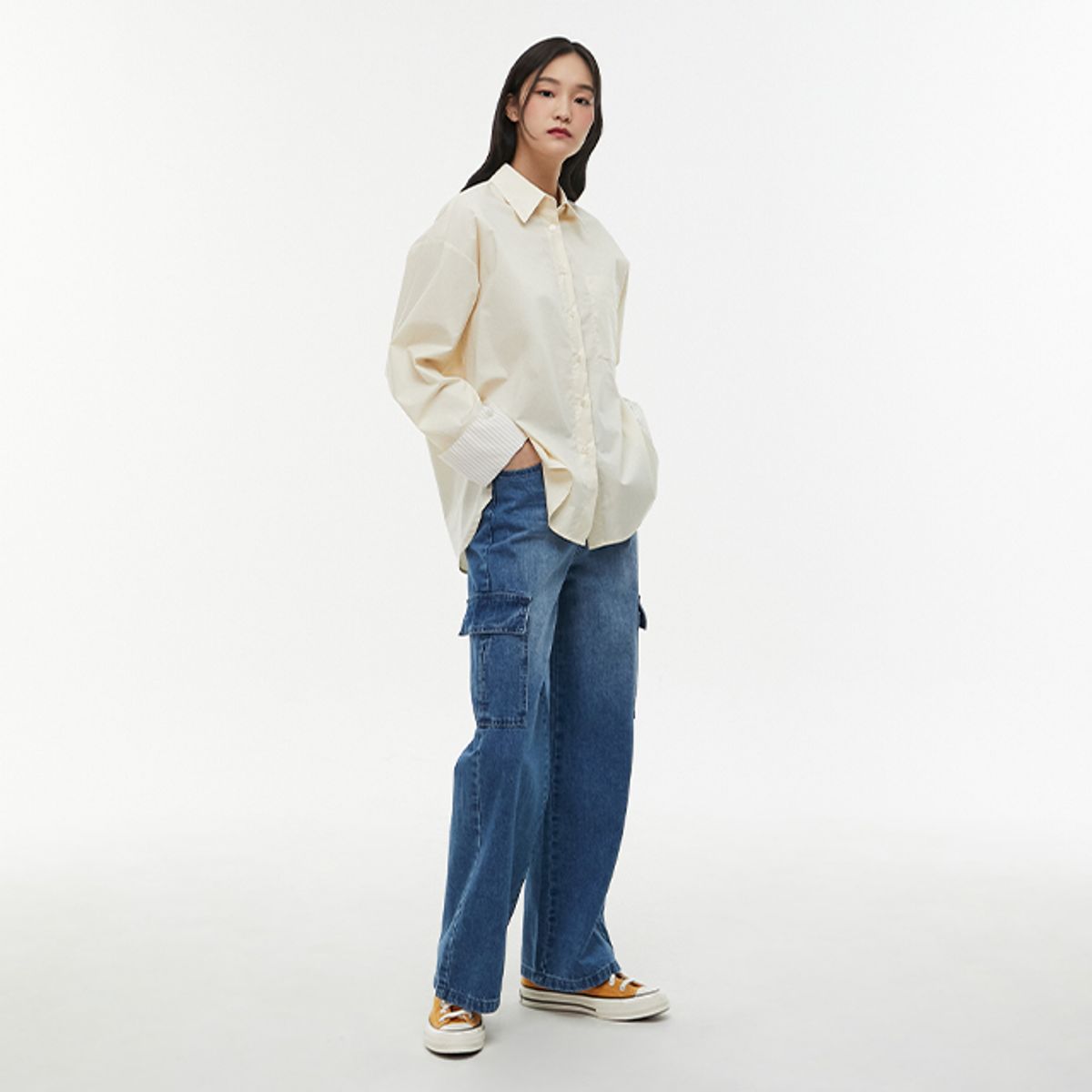 랩(LAP) 카고워싱 배색 스트링 롱 와이드 팬츠 AQ1DP265