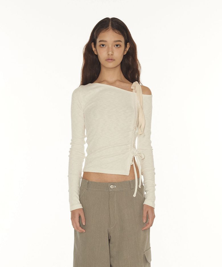 IVY RIBBON ONE SHOULDER T - IVORY