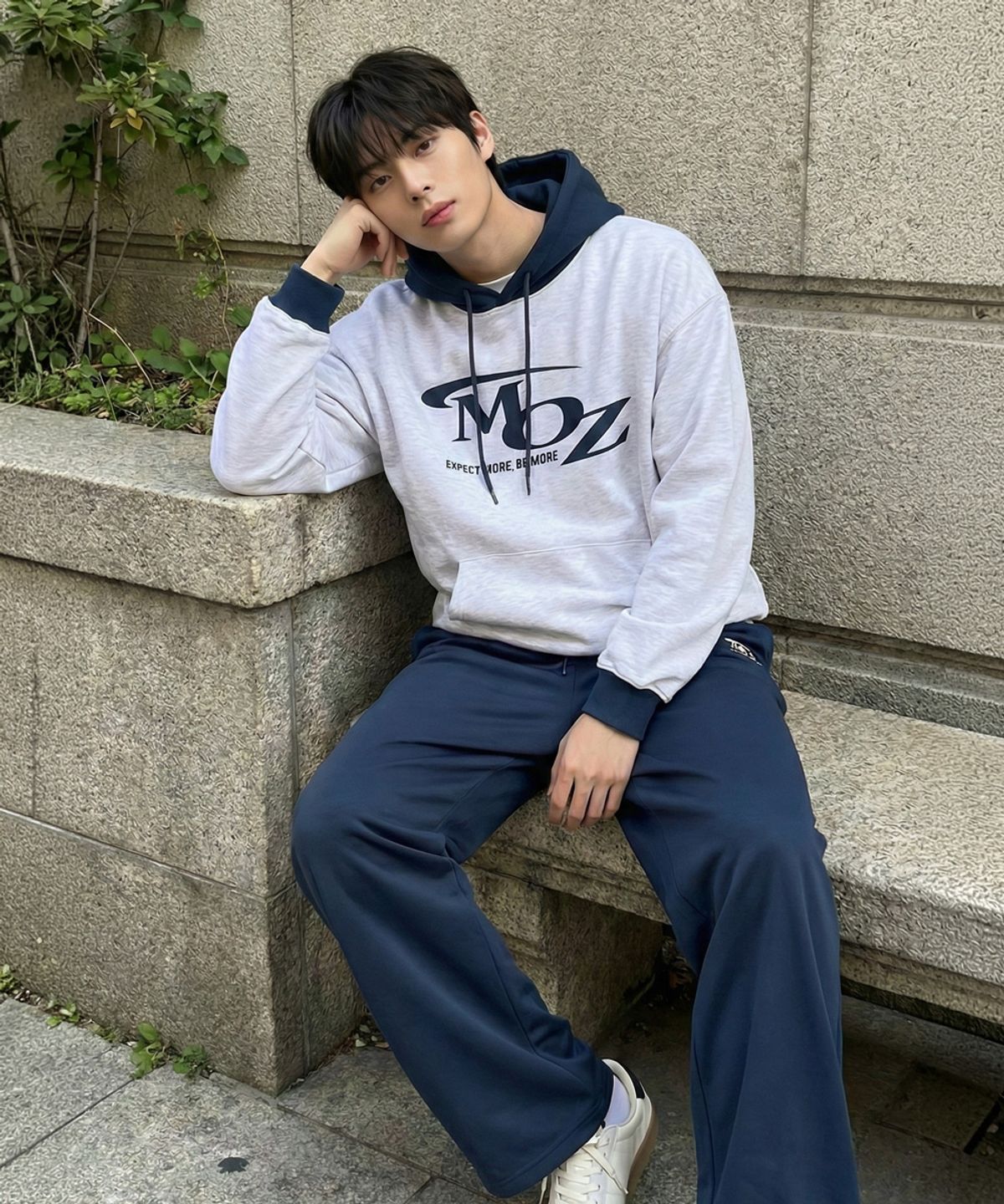 모즈모즈(MOZMOZ) [SET] 액티브로고 배색 후드 트레이닝 세트 백메란지