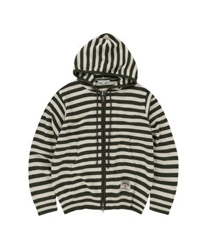 스트라이프 니트 후드집업 [카키]