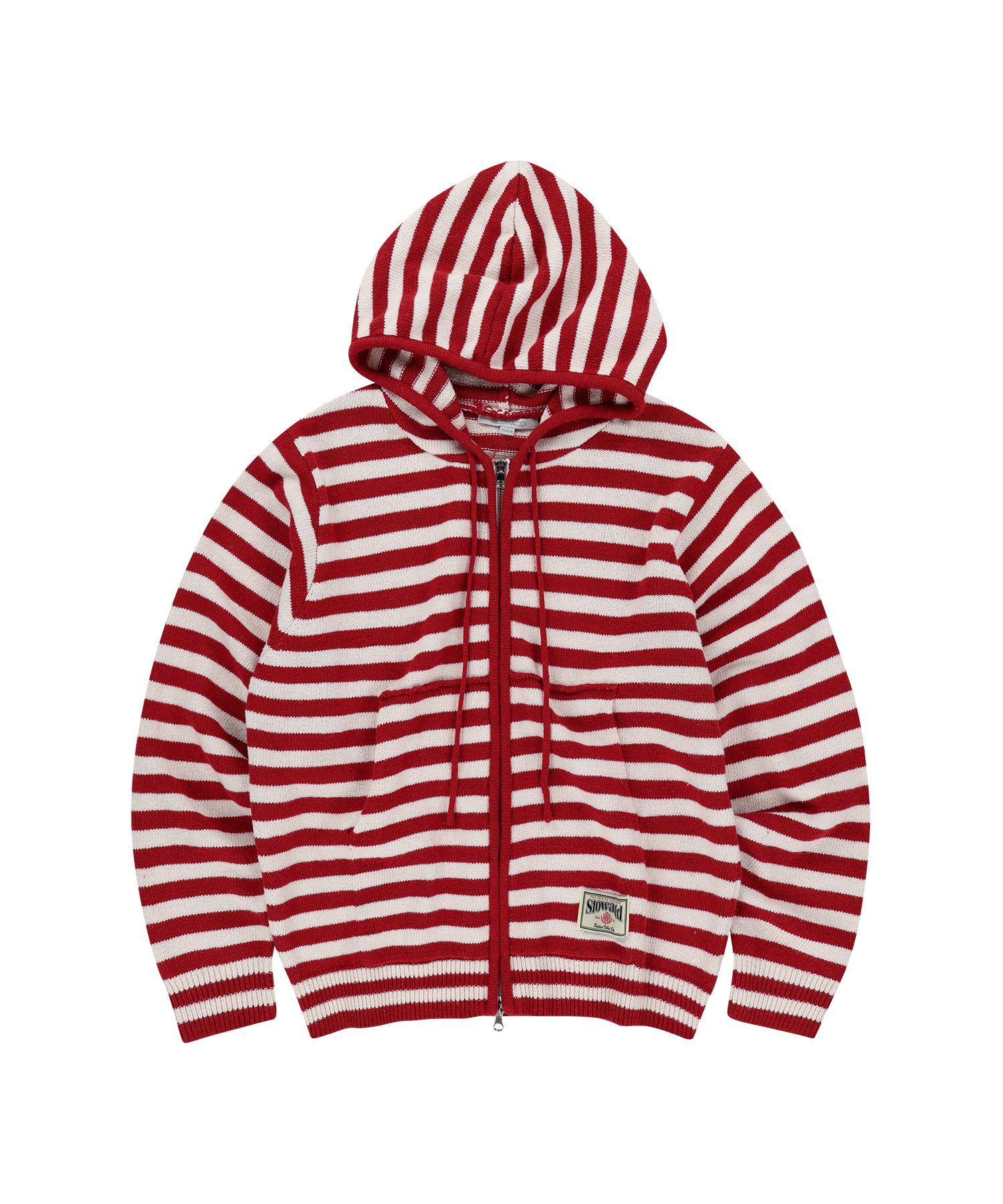 MUSINSA | SLOWACID Striped knit hooded zip-up [Red]