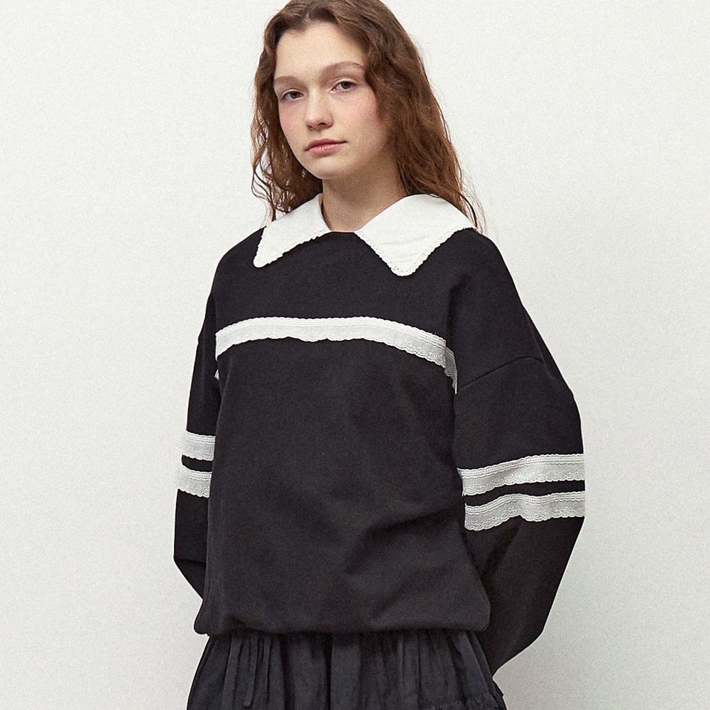 potiron❤︎ MUSINSA公式 | RONRON TORCHON RIBBON LACE SWEATSHIRT BLACK