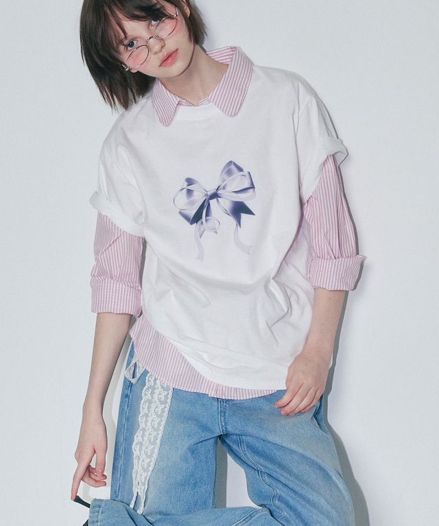 MUSINSA | RONRON DOUBLE RIBBON BASIC FIT T SHIRT WHITE SILVER