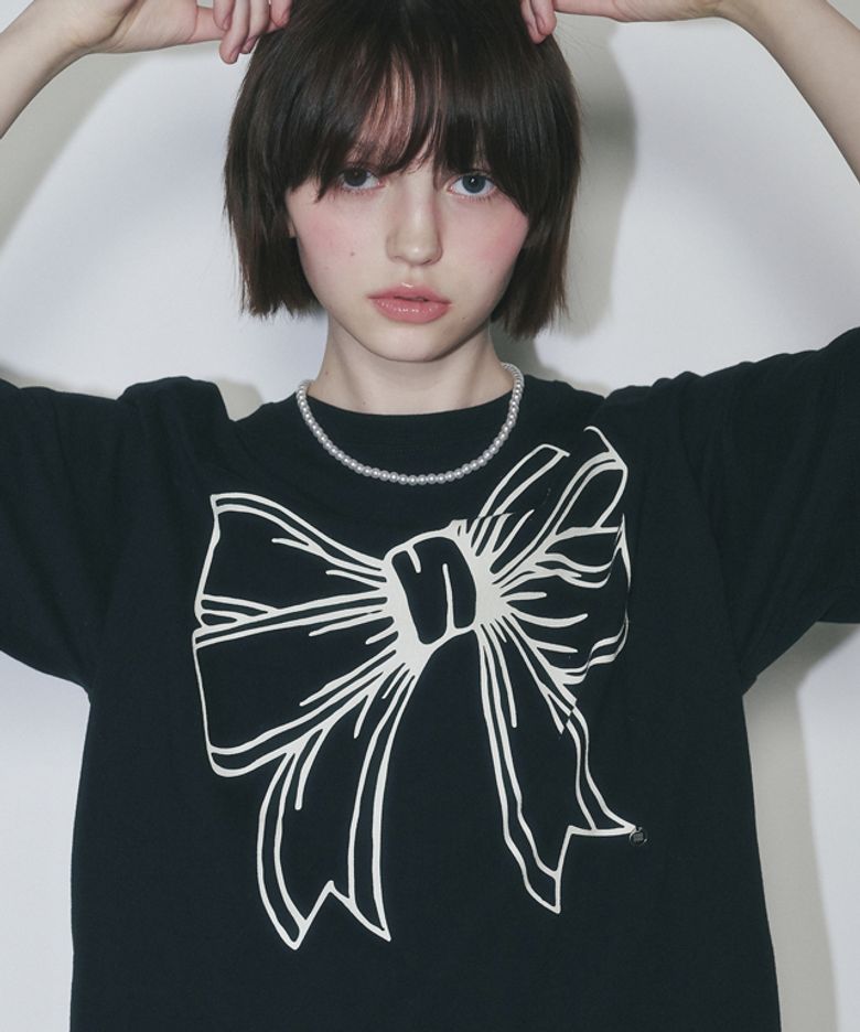 BIG RIBBON LINE T SHIRT BLACK CREAM