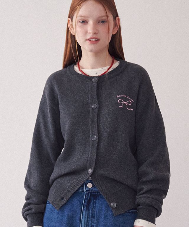 MUSINSA公式 | RONRON HEART RIBBON JACQUARD KNIT CARDIGAN CHARCOAL