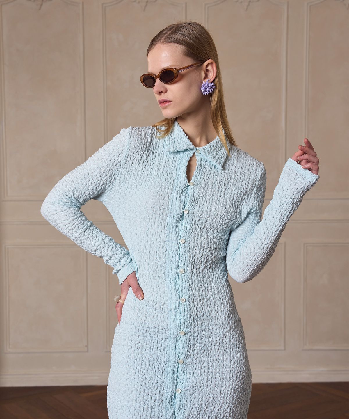 320쇼룸(320SHOWROOM) Shirt collar wrinkled dress Mint