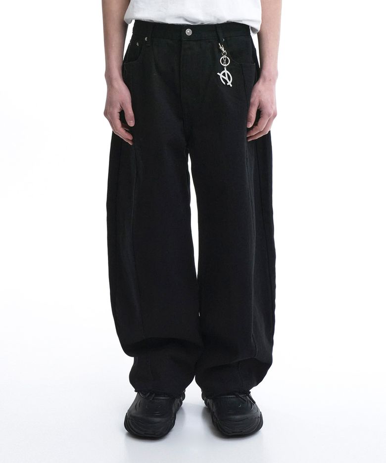RAW HEM STITCHED WIDE VOLUME PANTS - BLACK
