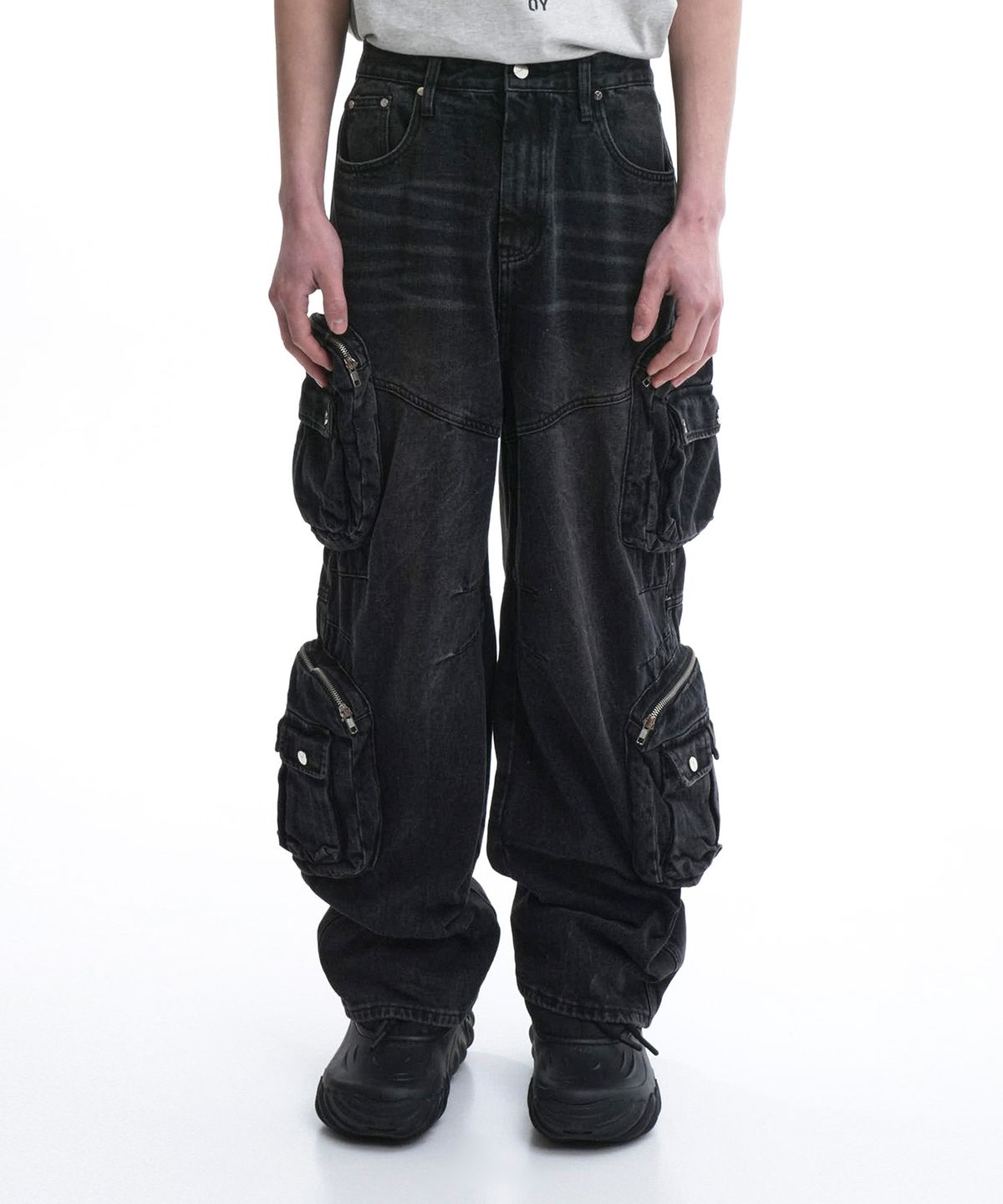 오픈야드(오와이)(OPENYARD(OY)) FOURTEEN CARGO POCKETS WASHED JEANS-BLACK