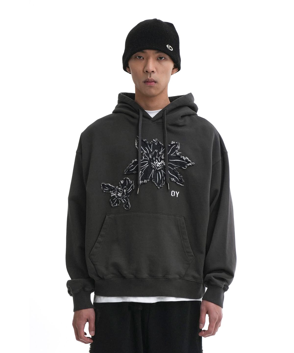 오픈야드(오와이)(OPENYARD(OY)) DENIM FLOWER PATCH HOODIE-DUST GREY