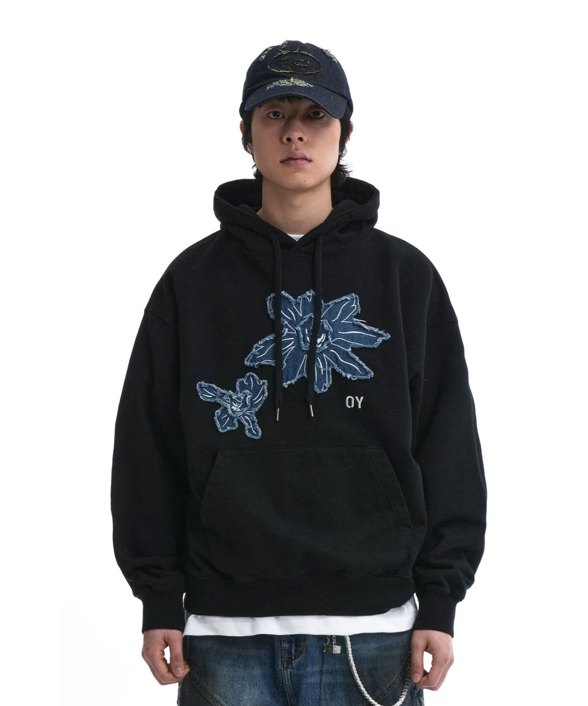 오픈야드(오와이)(OPENYARD(OY)) DENIM FLOWER PATCH HOODIE-BLACK