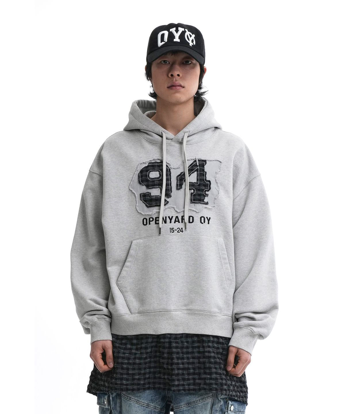 오픈야드(오와이)(OPENYARD(OY)) LAYERED CHECK SHIRTS HOODIE-LIGHT GREY