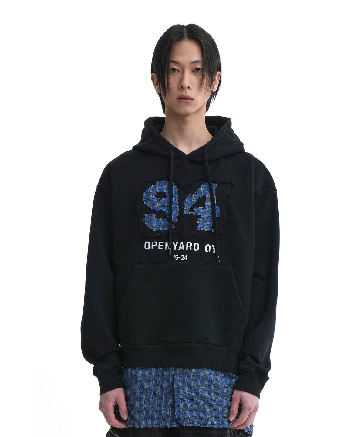 오픈야드(오와이)(OPENYARD(OY)) LAYERED CHECK SHIRTS HOODIE-BLACK