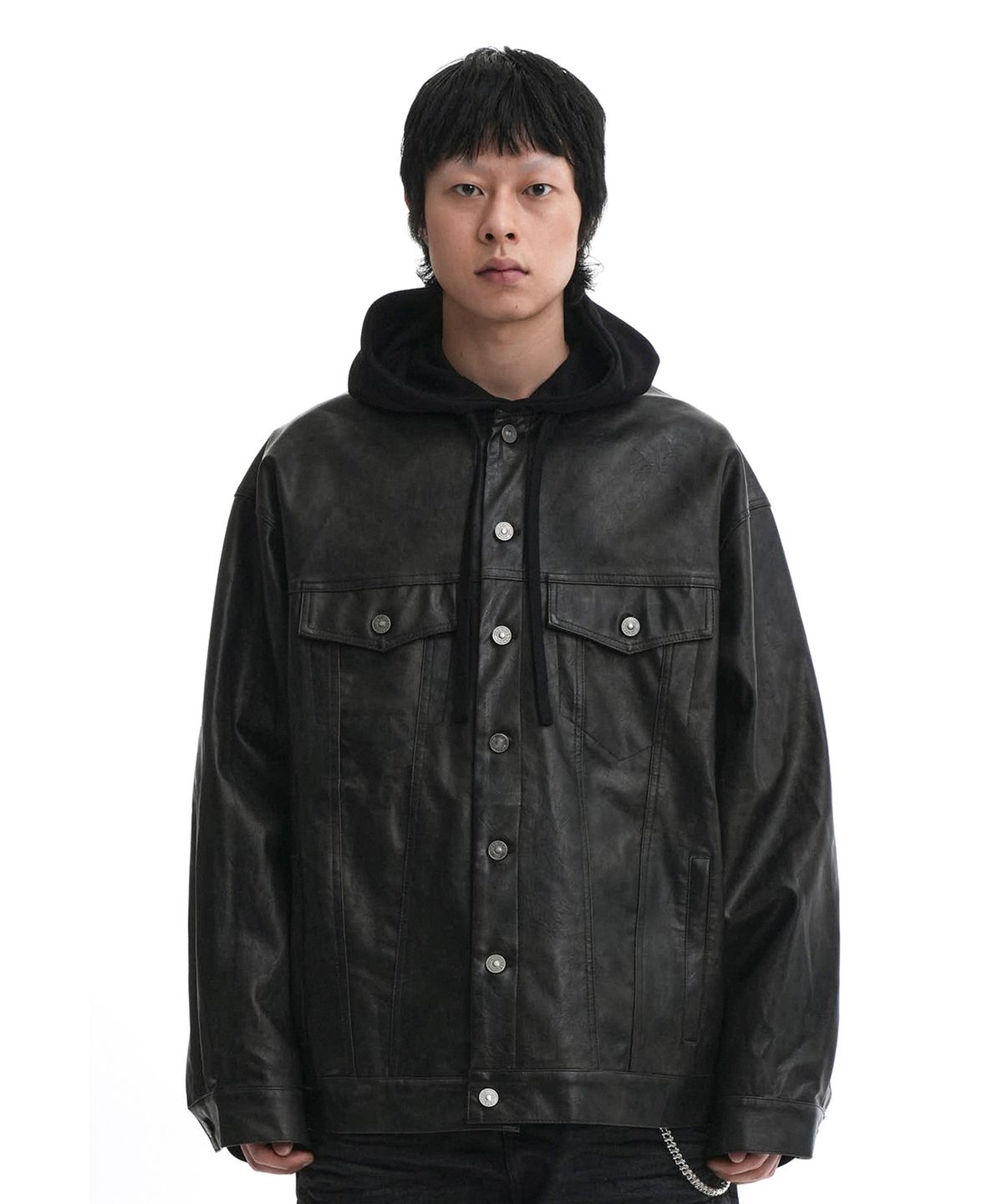 오픈야드(오와이)(OPENYARD(OY)) VINTAGE VEGAN LEATHER HOODIE TRUCKER JACKET-BLACK