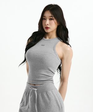 B PENDANT RIBBED SEMI CROP SLEEVELESS [MELANGE GREY]