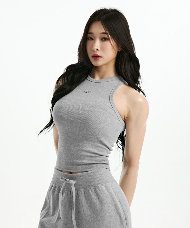 B PENDANT RIBBED SEMI CROP SLEEVELESS [MELANGE GREY]