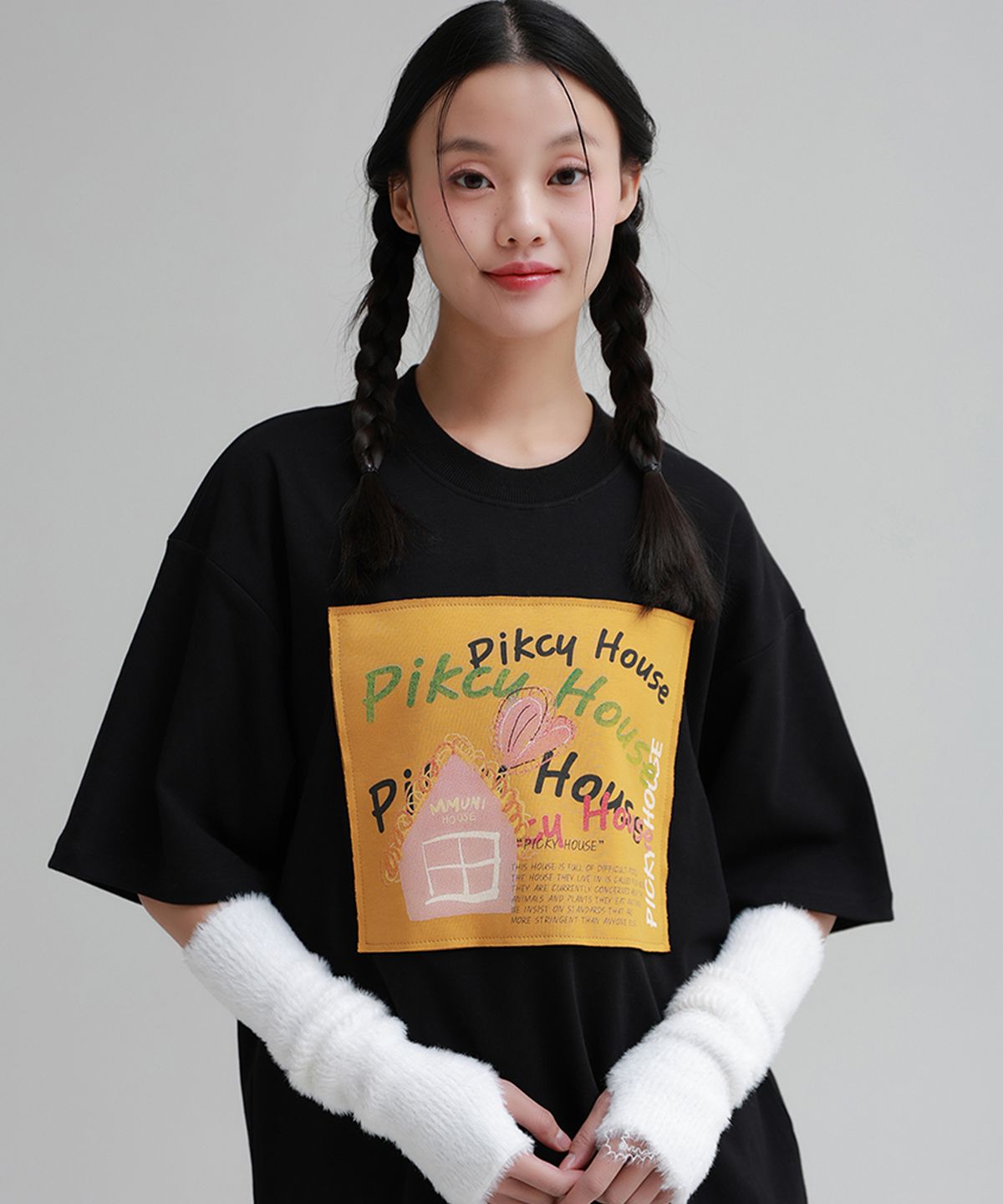 뮤니 프로젝트(MMUNI PROJECT) Picky House Message 3겹 덧댐 그래픽 오가닉 반팔티