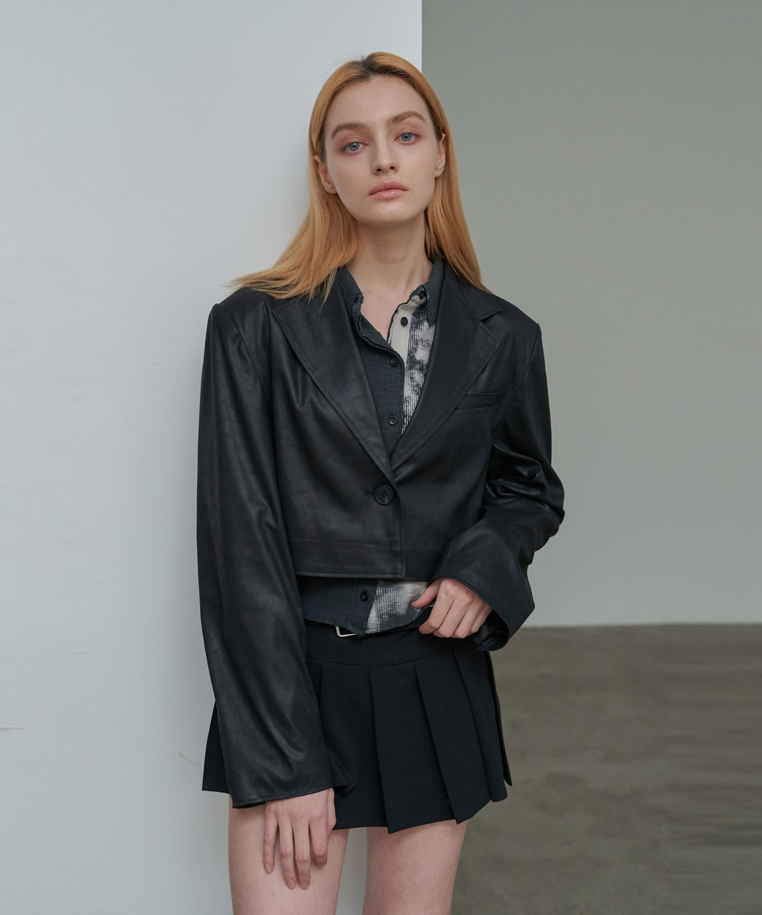 【SPERONE】Crop Leather Blazer MUSINSA | SPERONE WOMEN Cropped Mix Leather Jacket