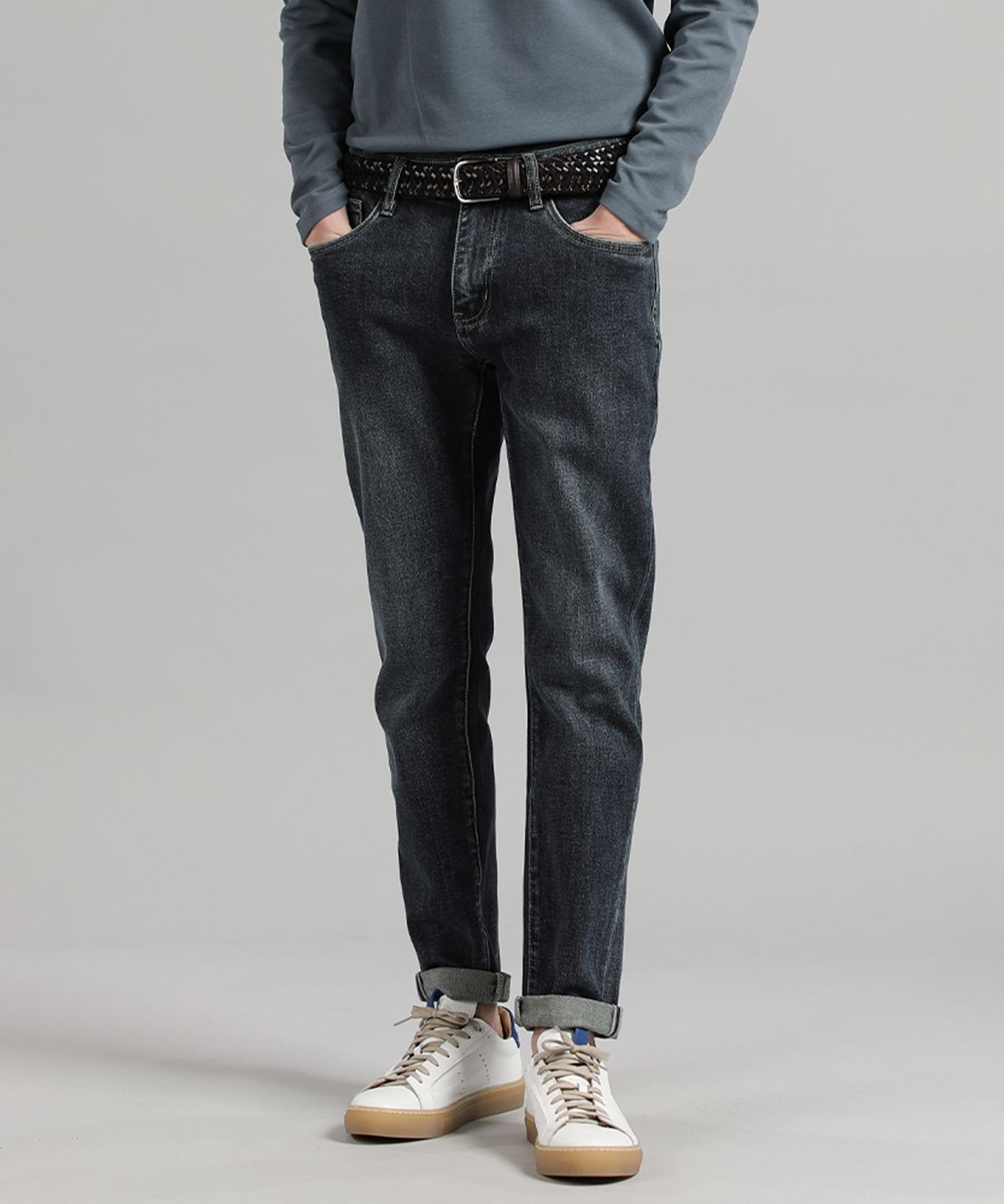 빠니깔레(PANICALE) 블루 레귤러슬림핏 워시드 데님 팬츠
