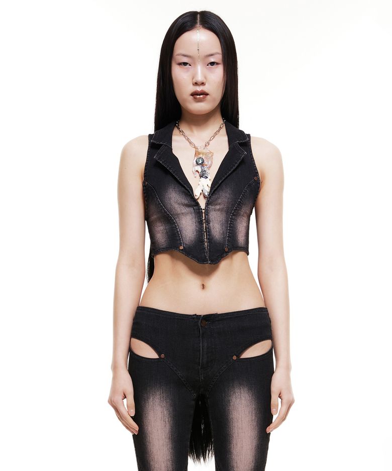 Cropped Denim Vest Brown/Black