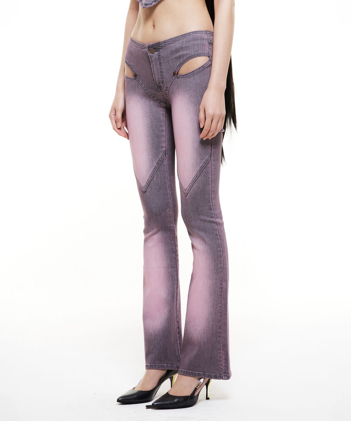 배디(BADEE) Cut-Out Flared Pants Pink/Gray
